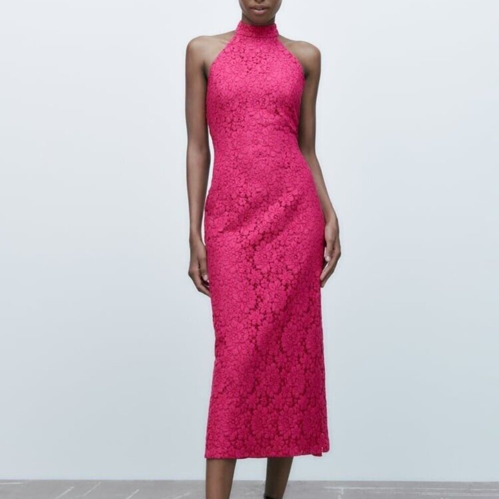 Zara Fuchsia Lace Halter Midi Dress